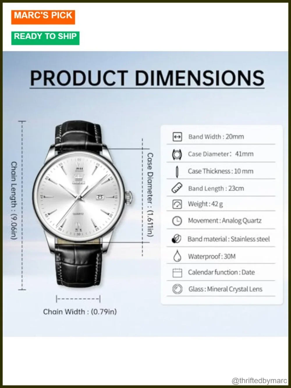 Leather Strap Quartz Watch with Date Window, Easy to Read Dial